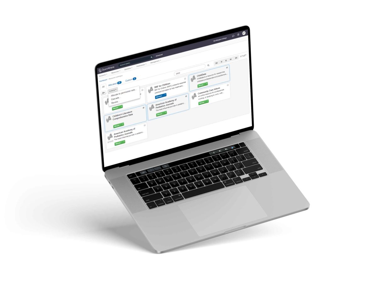 OpenAthens single sign-on solution resource catalog on a laptop screen