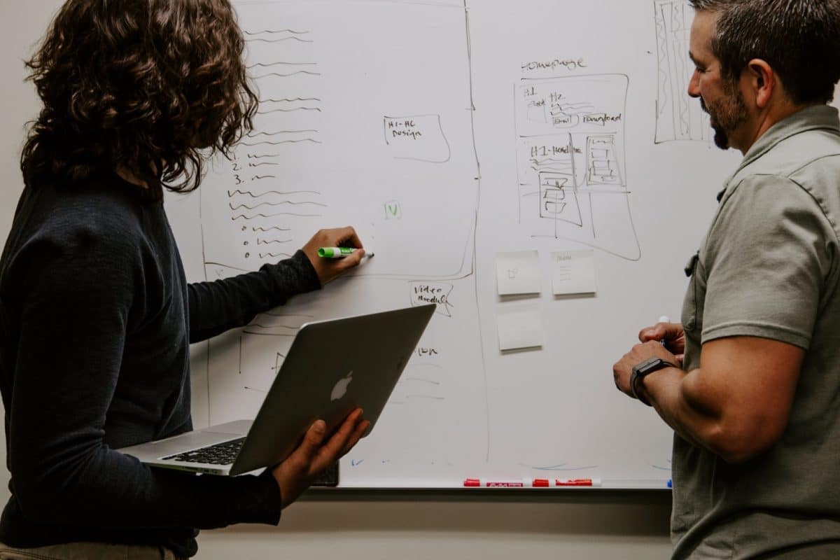 Two people using a whiteboard