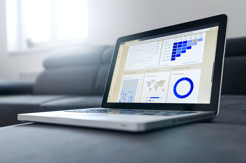 Graph and pie chart on a laptop